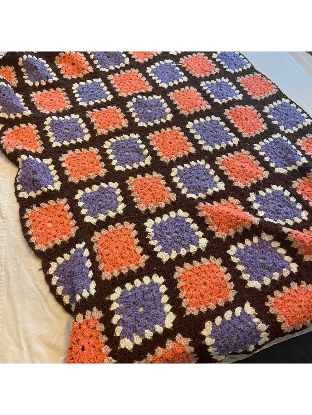 Vintage-Style Crochet Granny Square Blanket Retro Brown & Purple Throw 64 x 36